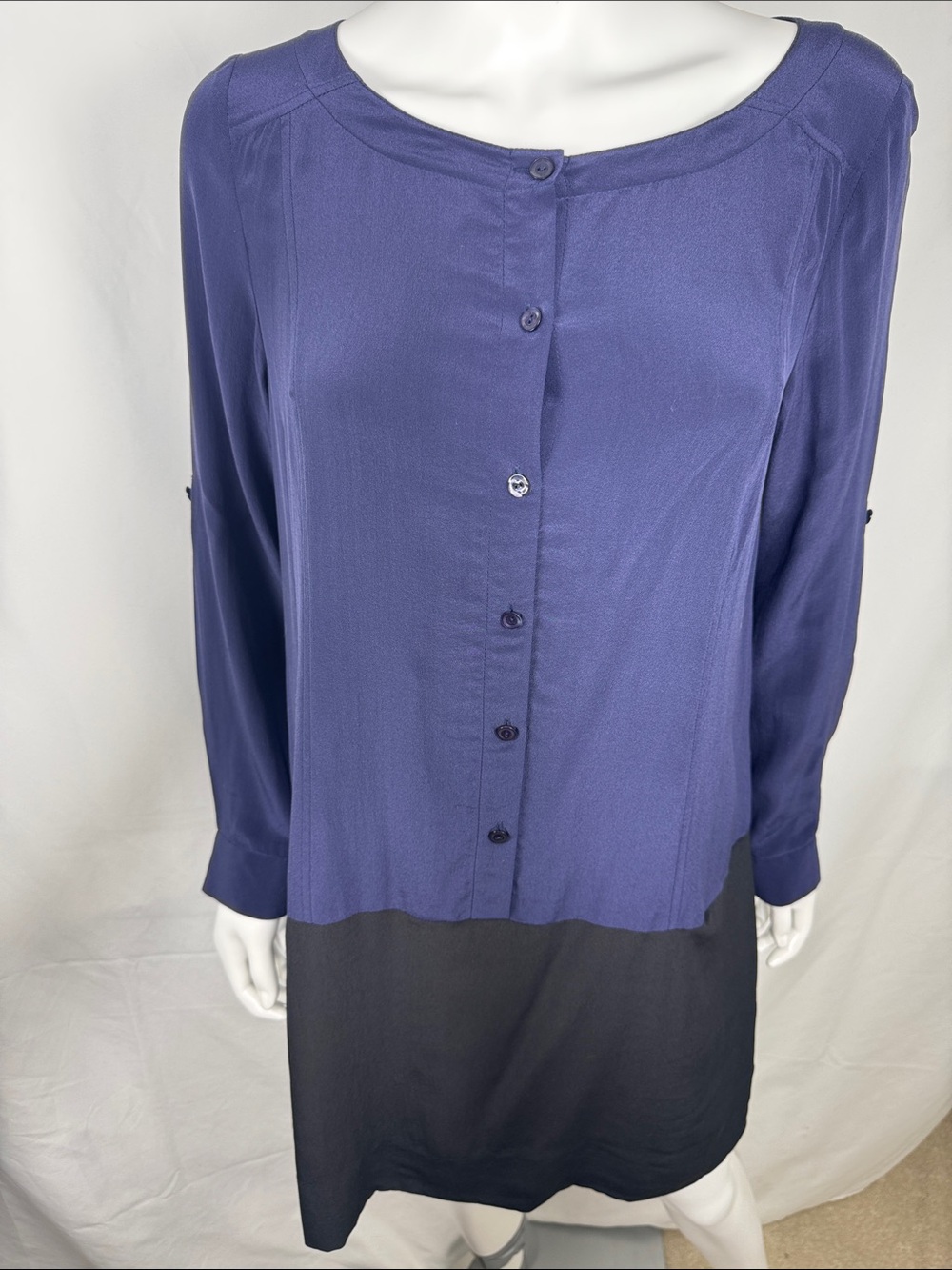 Eileen Fisher 100% Silk Colorblock Tunic Dress Blue Black Pockets - Picture 4 of 9